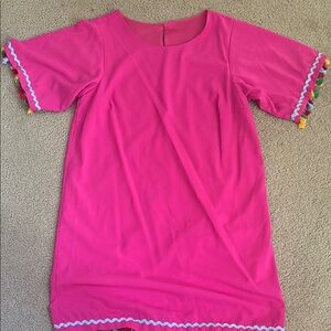Pink Dress with Pom Pom Sleeves and Hem